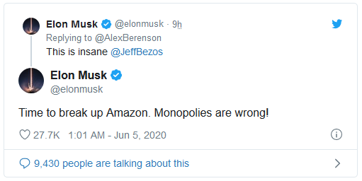 Vừa tuyên bố nghỉ chơi Twitter, Elon Musk đã đăng tweet chọc ngoáy ông chủ Amazon  - Ảnh 2.