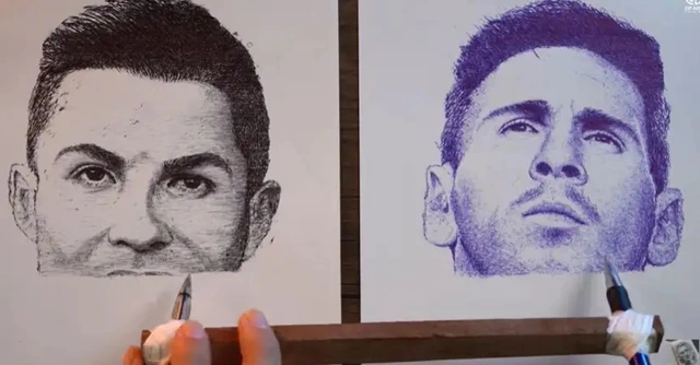 Thực hư việc nghệ sĩ Việt vẽ Ronaldo và Messi cùng lúc chỉ bằng một tay mà đẹp như máy in? - Ảnh 1.