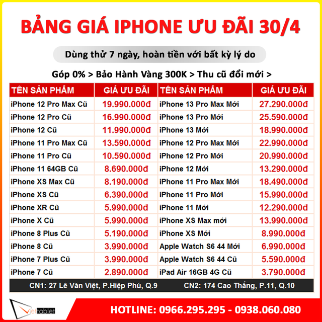 Bảng giá iPhone Sale lễ 30/4 tại Viettablet - iPhone 12 mới còn 13.2 triệu, 11 Pro Max cũ 13.5 triệu, Xs Max giảm sốc còn 8 triệu. - Ảnh 1.