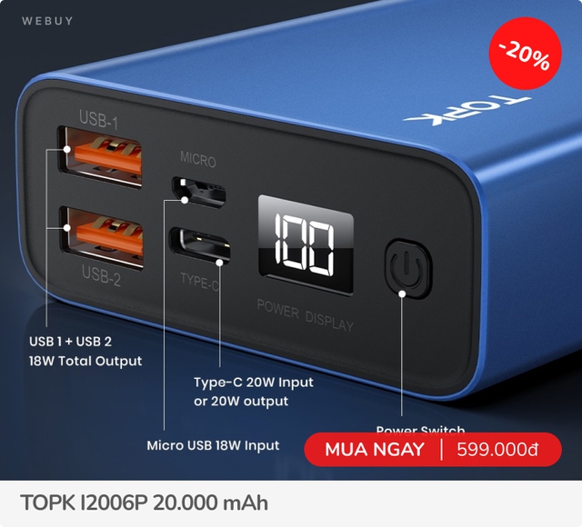 Đi du lịch mà bạn bè hay quên sạc, sắm ngay pin dự phòng 20.000 mAh đa cổng giá từ 219k này - Ảnh 4.